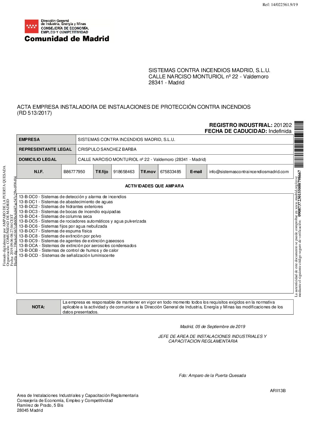 Acta de empresa instaladora de instalaciones de protección contra incendios (Registro Industrial 201202)