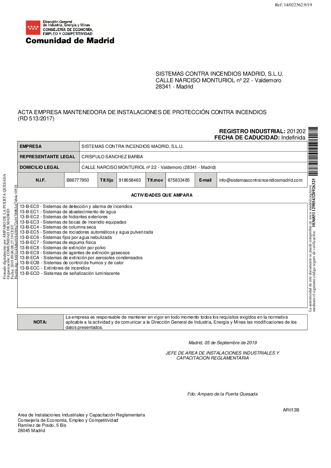 Acta de inscripción como empresa mantenedora de instalaciones de protección contra incendios